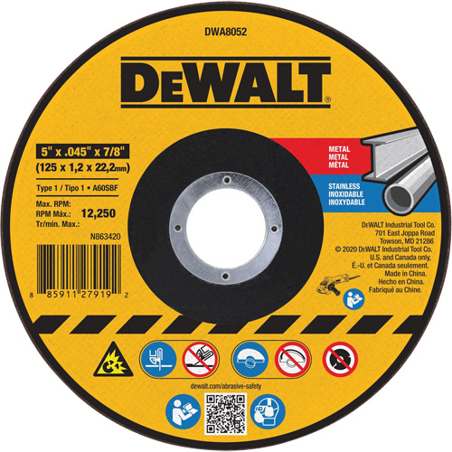 Metal Cut-Off Wheel, 5" x 0.045", 7/8" Arbor, Aluminum Oxide, Type 1 Waymarc Industries Inc