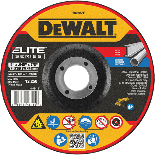 Elite Series Metal Cut-Off Wheel, 5" x 0.045", 7/8" Arbor, Zirconia Alumina, Type 27 Waymarc Industries Inc