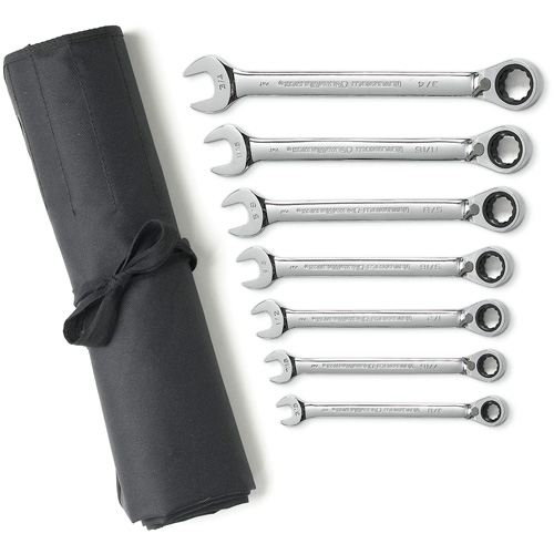 72-Tooth 12 Point Reversible Ratcheting SAE Wrench Set with Tool Roll, Combination, 7 Pieces, Imperial Waymarc Industries Inc