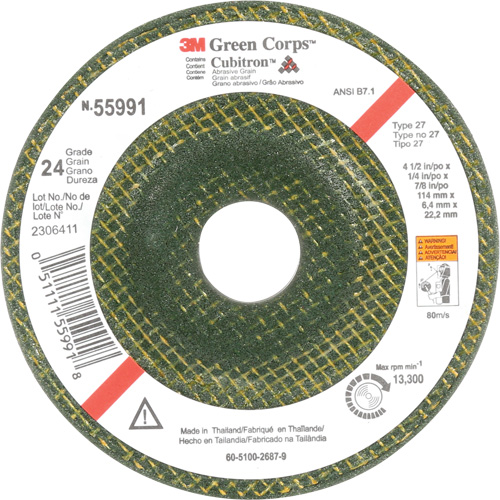 Green Corps Depressed Centre Wheel, 4-1/2" x 1/4", 7/8" Arbor, Ceramic, Type 27 Waymarc Industries Inc