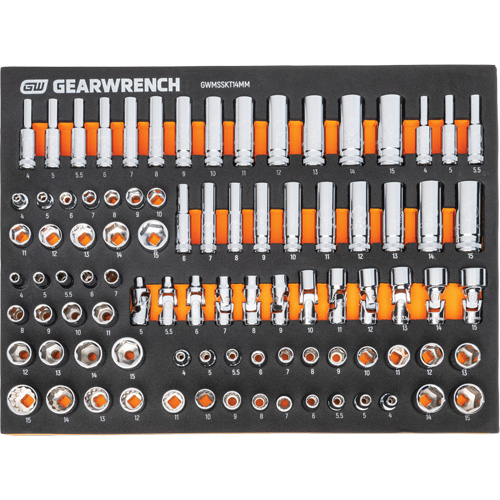 Jeu d'outils m&eacute;triques pour m&eacute;canicien MEGAMOD dans des plateaux en mousse modulaire avec armoire roulante &agrave; outils, 358 morcea Waymarc Industries Inc