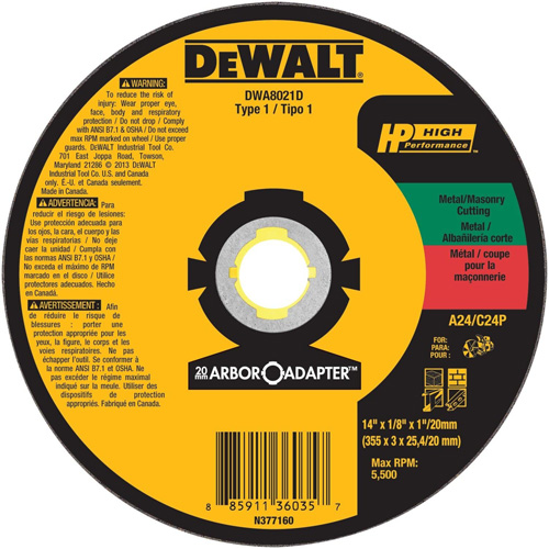 High Performance Cutting Wheel for Circular Saws, 14" x 1/8" Arbor, Aluminum Oxide Waymarc Industries Inc