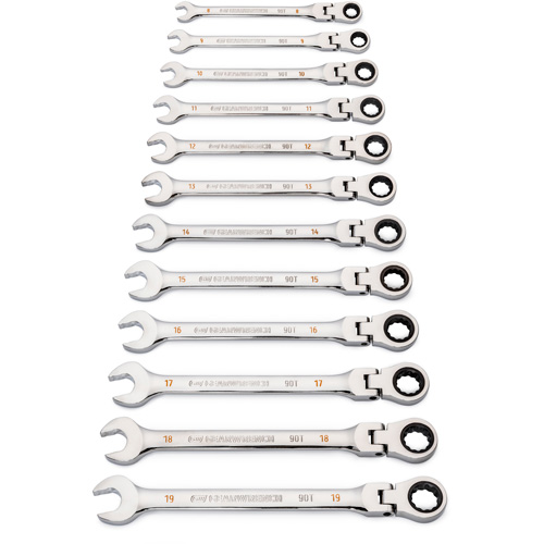 Jeu de cl&eacute;s &agrave; 12 pans et 90 dents, T&ecirc;te articul&eacute;e/Combinaison &agrave; cliquet, 12 morceaux, M&eacute;trique Waymarc Industries Inc