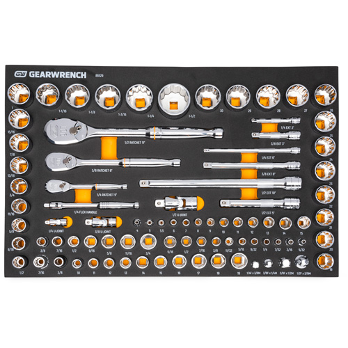 Jeu d'outils SAE/m&eacute;triques pour m&eacute;canicien &agrave; 90 dents 1/4", 3/8" & 1/2" avec plateau de rangement en mousse Waymarc Industries Inc