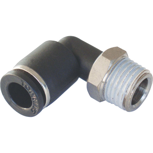 MAXFIT Push-to-Connect to Male NPT Elbow Adapter, 3/8" x 1/2" Dia., PBT Polymer Waymarc Industries Inc