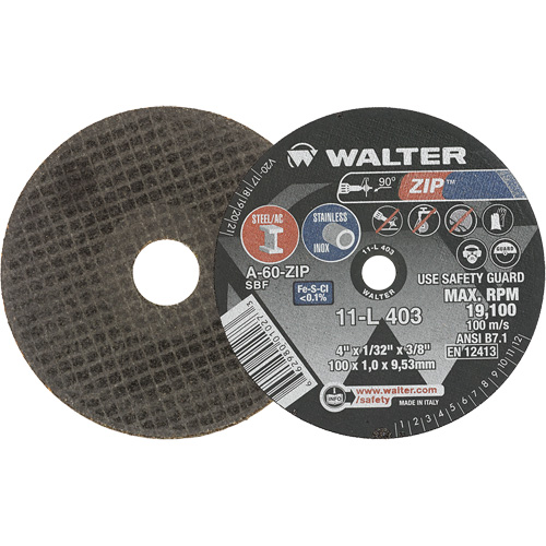 Zip Cut-Off Wheel, 4" x 1/32", 3/8" Arbor, Type 1, Aluminum Oxide, 19100 RPM Waymarc Industries Inc