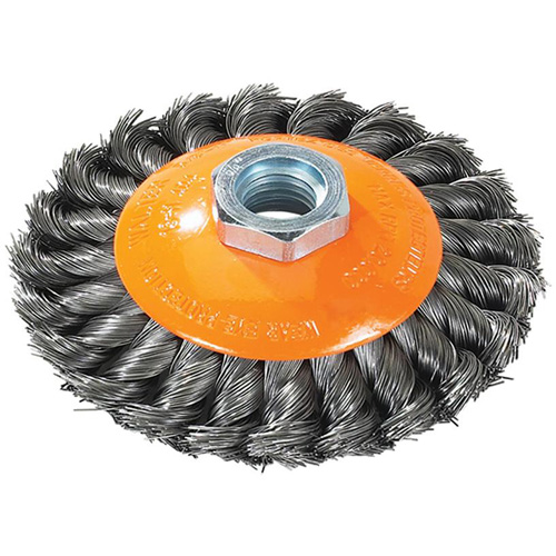Brosse concave &agrave; fils nou&eacute;s torsad&eacute;s, Dia. 7", Fils 0,02", Arbre 5/8"-11, Acier Waymarc Industries Inc
