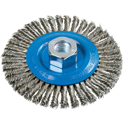 Stringer Bead Knotted Wire Brush, 4-1/2" Dia., 0.02" Fill, 5/8"-11 Arbor, Aluminum/Stainless Steel Waymarc Industries Inc