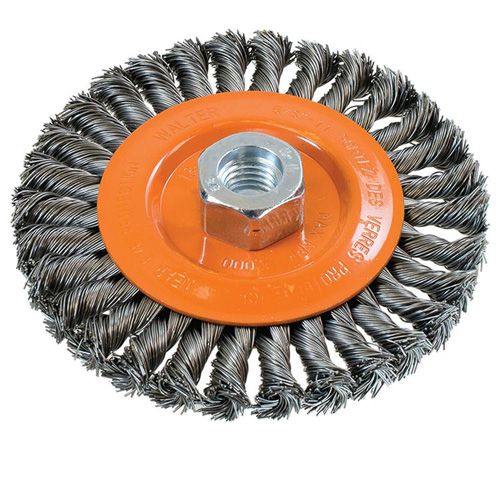 Brosse rotative &agrave; fils nou&eacute;s large, Dia. 5", Fils 0,02", Arbre 5/8"-11, Acier Waymarc Industries Inc