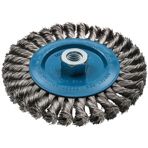 Brosse rotative &agrave; fils nou&eacute;s large, Dia. 6", Fils 0,02", Arbre 5/8"-11, Aluminium/Acier inoxydable Waymarc Industries Inc