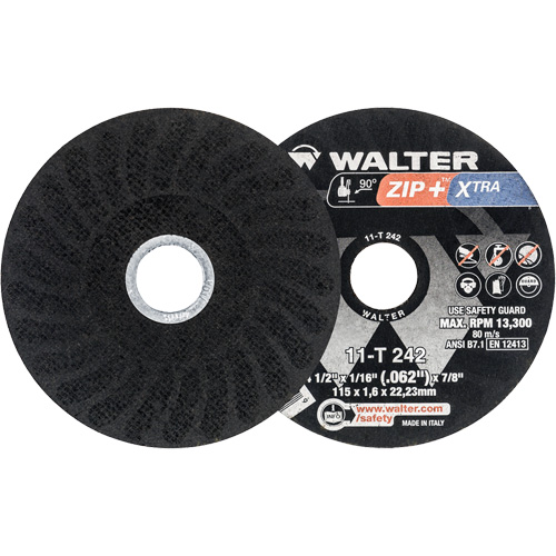 Meules &agrave; tronçonner renforc&eacute;es Zip+ pour meuleuse &agrave; angle droit, 4-1/2" x 1/16", Arbre de 7/8", Type 1, Alumine de zirconium, 13 300 Tr/min Waymarc Industries Inc