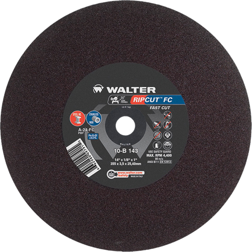 Ripcut Stainless Steel & Steel Cut-Off Wheel for Stationary Saws, 14" x 1/8", 1" Arbor, Type 1, Aluminum Oxide, 4400 RPM Waymarc Industries Inc