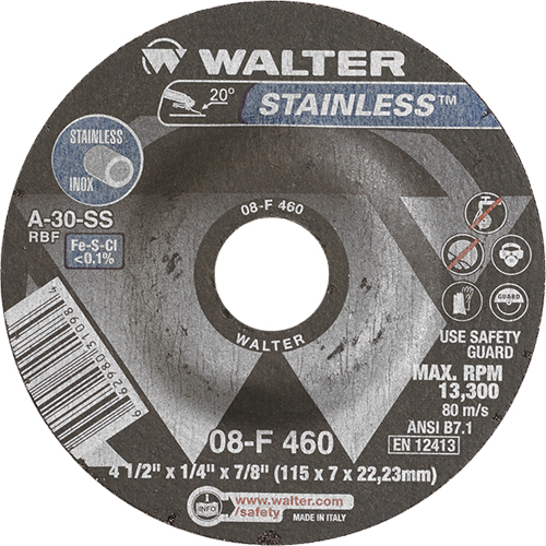 Stainless Steel Depressed Centre Grinding Wheels, 4-1/2" x 1/4", 7/8" Arbor, Type 27 Waymarc Industries Inc