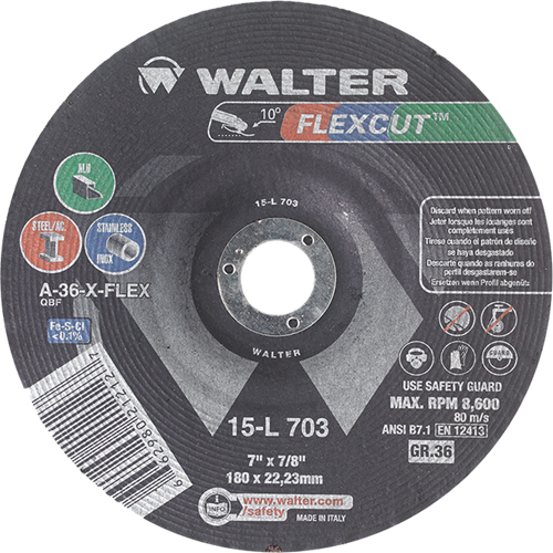 Flexcut Depressed Centre Grinding Wheels, 7", 36 Grit, Aluminum Oxide, 7/8", 8600 RPM, Type 29 Waymarc Industries Inc