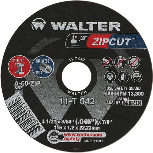 Meule &agrave; tronçonner Zipcut, 4-1/2" x 3/64", Arbre de 7/8", Type 1, Oxyde d'aluminium, 13 300 Tr/min Waymarc Industries Inc