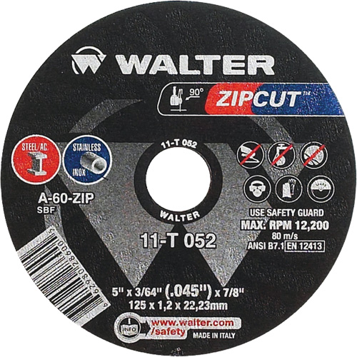 Zipcut Cut-Off Wheel, 5" x 3/64", 7/8" Arbor, Type 1, Aluminum Oxide, 12200 RPM Waymarc Industries Inc