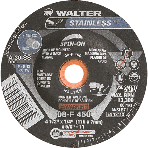 Depressed Centre Grinding Wheels - Stainless Type 27, 4-1/2" x 1/4", 5/8"-11 Arbor, Type 27S Waymarc Industries Inc