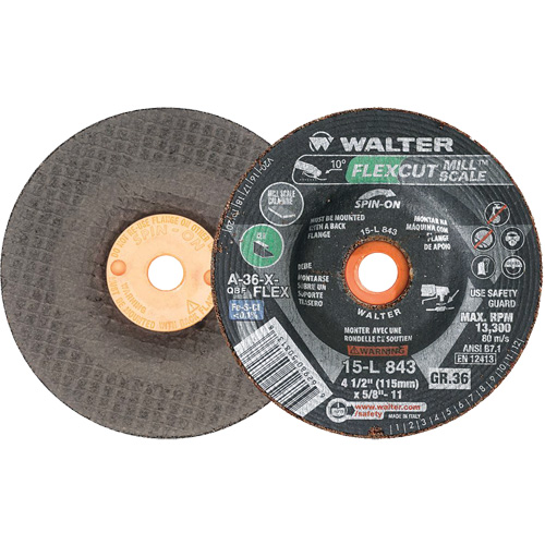 FLEXCUT MILL SCALE Grinding Wheel, 4-1/2", 36 Grit, Aluminum Oxide, 5/8"-11, 13300 RPM, Type 29 Waymarc Industries Inc
