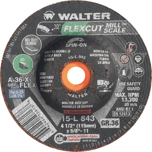 FLEXCUT MILL SCALE Grinding Wheel, 4-1/2", 36 Grit, Aluminum Oxide, 5/8"-11, 13300 RPM, Type 29 Waymarc Industries Inc