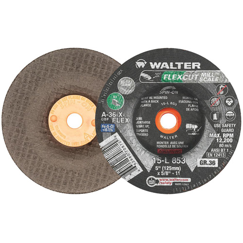Meule FLEXCUT MILL SCALE, 5", 36 Grain, Oxyde d'aluminium, 5/8"-11, 12 200 Tr/min, Type 29 Waymarc Industries Inc
