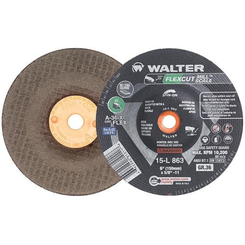 FLEXCUT MILL SCALE Grinding Wheel, 6", 36 Grit, Aluminum Oxide, 5/8"-11, 10200 RPM, Type 29 Waymarc Industries Inc