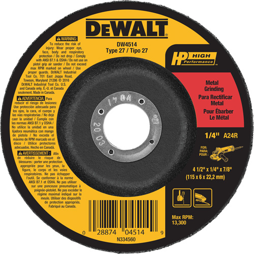 High Performance Metal Grinding Wheel, 4-1/2" x 1/4", 7/8" Arbor, Aluminum Oxide, Type 27 Waymarc Industries Inc