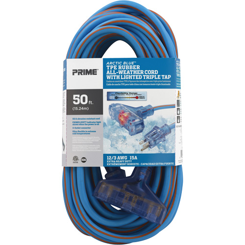 Arctic Blue TPE-Rubber Extension Cord, All-Weather, SJEOW, 12/3 AWG, 15 A, 3 Outlet(s), 50' Waymarc Industries Inc