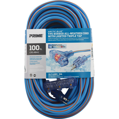 Arctic Blue TPE-Rubber Extension Cord, All-Weather, SJEOW, 12/3 AWG, 15 A, 3 Outlet(s), 100' Waymarc Industries Inc