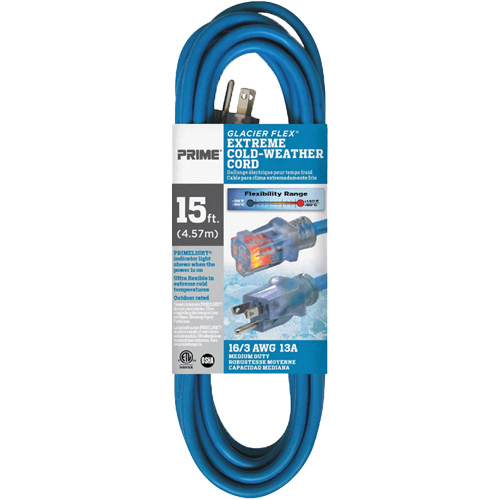 Glacier Flex&reg; Extreme Cold Weather Extension Cord, Outdoor, SJTW, 16/3 AWG, 13 A, 15' Waymarc Industries Inc