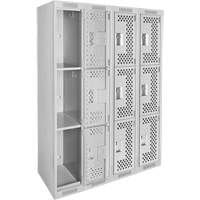 Clean Line Lockers, 3 -tier, Bank of 4, 48" x 12" x 72", Steel, Grey, Rivet (Assembled), Perforated Waymarc Industries Inc