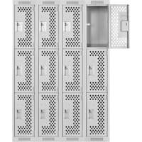 Clean Line Lockers, 3 -tier, Bank of 4, 48" x 12" x 72", Steel, Grey, Rivet (Assembled), Perforated Waymarc Industries Inc