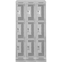 Clean Line Lockers, 3 -tier, Bank of 3, 36" x 12" x 82", Steel, Grey, Rivet (Assembled), Perforated Waymarc Industries Inc
