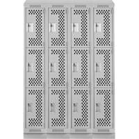 Clean Line Lockers, 3 -tier, Bank of 4, 48" x 12" x 82", Steel, Grey, Rivet (Assembled), Perforated Waymarc Industries Inc