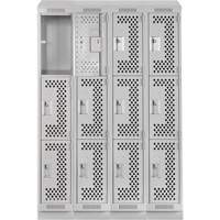 Clean Line Lockers, 3 -tier, Bank of 4, 48" x 12" x 82", Steel, Grey, Rivet (Assembled), Perforated Waymarc Industries Inc
