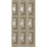 Clean Line Lockers, 3 -tier, Bank of 3, 36" x 12" x 72", Steel, Beige, Rivet (Assembled), Perforated Waymarc Industries Inc