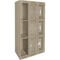 Clean Line Lockers, 3 -tier, Bank of 3, 36" x 12" x 72", Steel, Beige, Rivet (Assembled), Perforated Waymarc Industries Inc