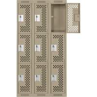 Clean Line Lockers, 3 -tier, Bank of 3, 36" x 12" x 72", Steel, Beige, Rivet (Assembled), Perforated Waymarc Industries Inc