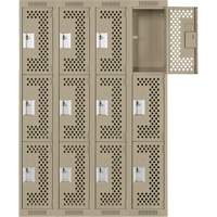 Clean Line Lockers, 3 -tier, Bank of 4, 48" x 12" x 72", Steel, Beige, Rivet (Assembled), Perforated Waymarc Industries Inc