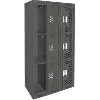 Clean Line Lockers, 3 -tier, Bank of 3, 36" x 12" x 72", Steel, Charcoal, Rivet (Assembled), Perforated Waymarc Industries Inc