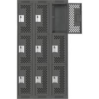 Clean Line Lockers, 3 -tier, Bank of 3, 36" x 12" x 72", Steel, Charcoal, Rivet (Assembled), Perforated Waymarc Industries Inc