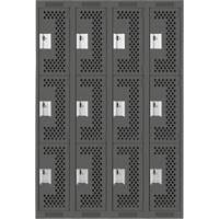 Clean Line Lockers, 3 -tier, Bank of 4, 48" x 12" x 72", Steel, Charcoal, Rivet (Assembled), Perforated Waymarc Industries Inc