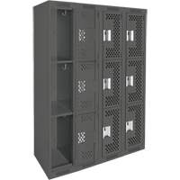 Clean Line Lockers, 3 -tier, Bank of 4, 48" x 12" x 72", Steel, Charcoal, Rivet (Assembled), Perforated Waymarc Industries Inc