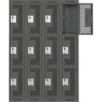 Clean Line Lockers, 3 -tier, Bank of 4, 48" x 12" x 72", Steel, Charcoal, Rivet (Assembled), Perforated Waymarc Industries Inc