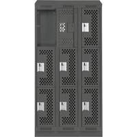 Clean Line Lockers, 3 -tier, Bank of 3, 36" x 12" x 82", Steel, Charcoal, Rivet (Assembled), Perforated Waymarc Industries Inc