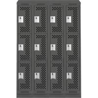 Clean Line Lockers, 3 -tier, Bank of 4, 48" x 12" x 82", Steel, Charcoal, Rivet (Assembled), Perforated Waymarc Industries Inc