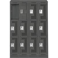 Clean Line Lockers, 3 -tier, Bank of 4, 48" x 12" x 82", Steel, Charcoal, Rivet (Assembled), Perforated Waymarc Industries Inc