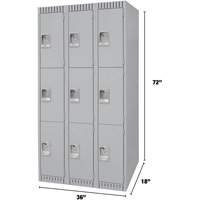 Lockers, 3 -tier, Bank of 3, 36" x 18" x 72", Steel, Grey, Knocked Down Waymarc Industries Inc