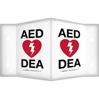 90° Projecting "AED/DEA" Sign, 6" x 5", Plastic, Bilingual with Pictogram Waymarc Industries Inc